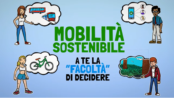 immagine che invita gli studenti a scegliere un mezzo di trasporto sostenibile, come la bici, trasporti pubblici car sharing e così via